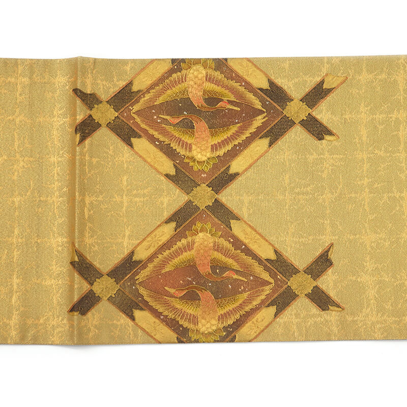 中古】 袋帯 フォーマル 正絹 お太鼓柄 金 向い鶴 格天井文 長さ439cm