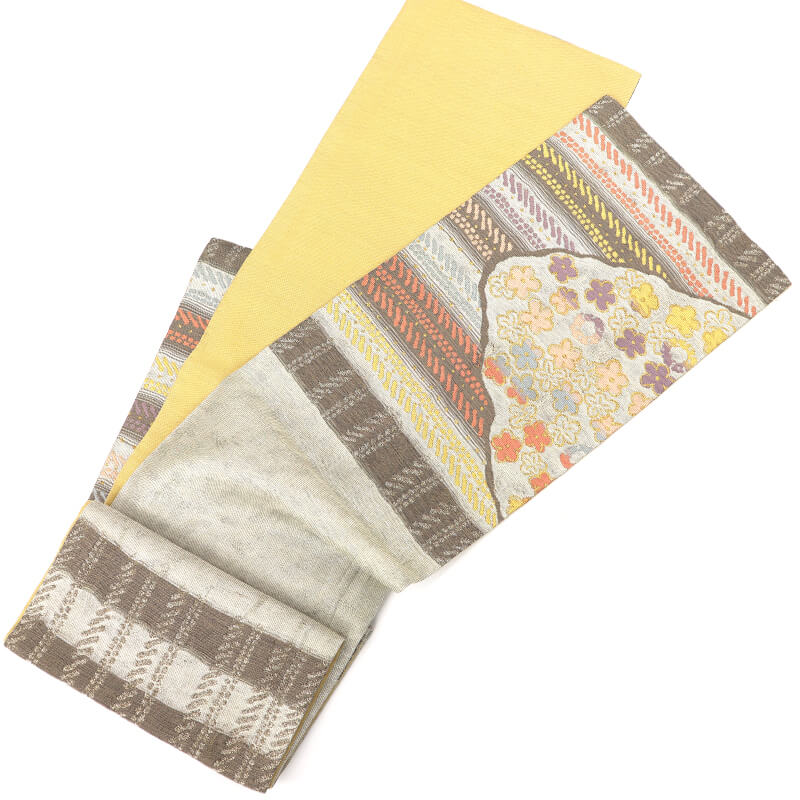 中古】 誉田屋源兵衛 袋帯 フォーマル 正絹 六通柄 グレー 金 花 長さ