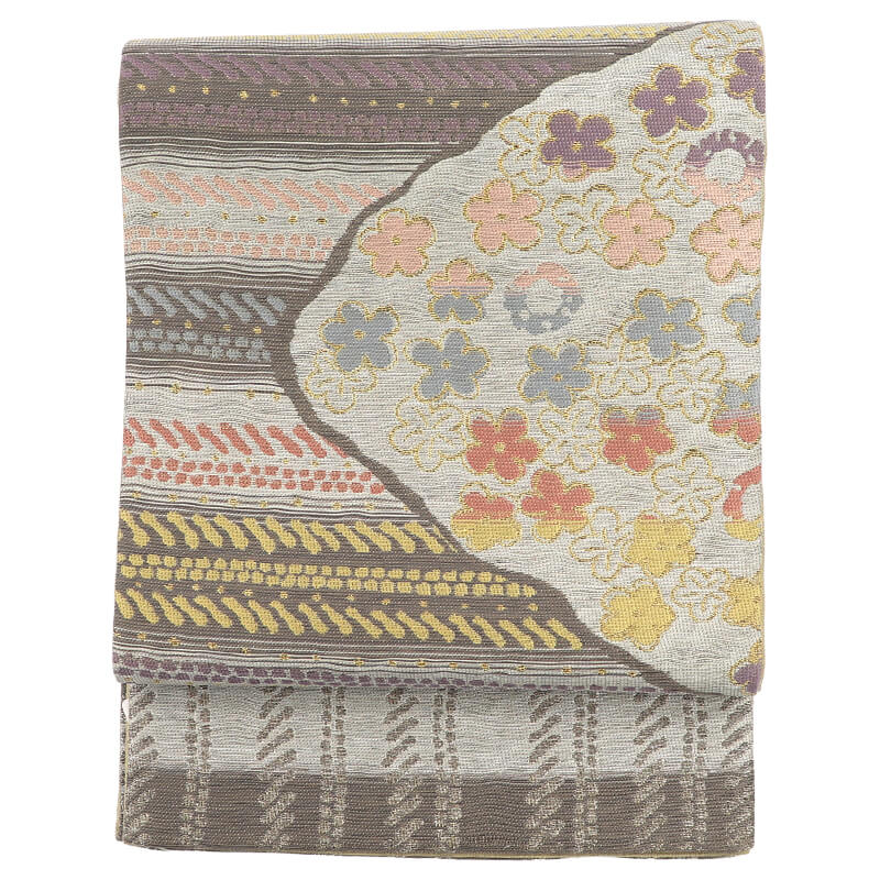 中古】 誉田屋源兵衛 袋帯 フォーマル 正絹 六通柄 グレー 金 花 長さ