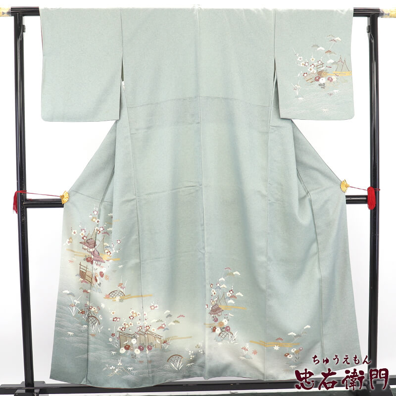 中古】 付下げ 袷 レディース 正絹 薄緑 四季の花 身丈158.5cm 裄丈