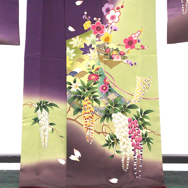 中古】 振袖 長襦袢付き 2点セット 成人式 振り袖 正絹 紫 藤 簾 地紙