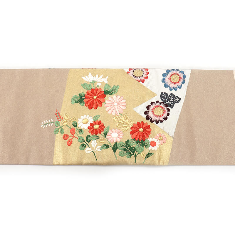 中古】 名古屋帯 なごや帯 正絹 九寸帯 お太鼓柄 ベージュ 菊 上品 長