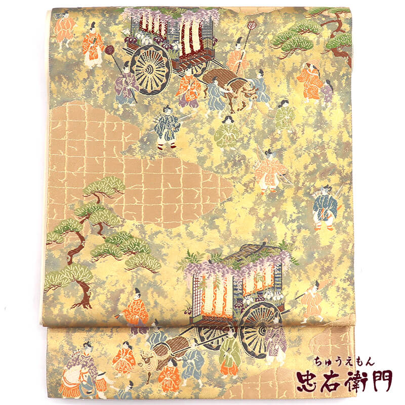 中古】 袋帯 フォーマル 正絹 六通柄 金 平安絵巻 時代柄 長さ429cm 幅