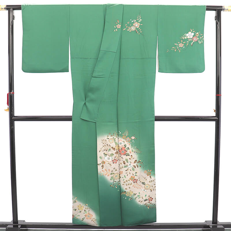 中古】 訪問着 レディース 正絹 緑 豪華 身丈155.5cm 裄丈66.5cm