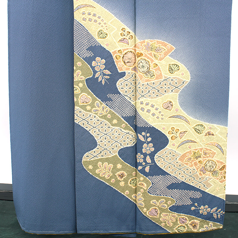 中古】 付下げ 付け下げ 附下 レディース 正絹 灰青 部分絞り 辻が花