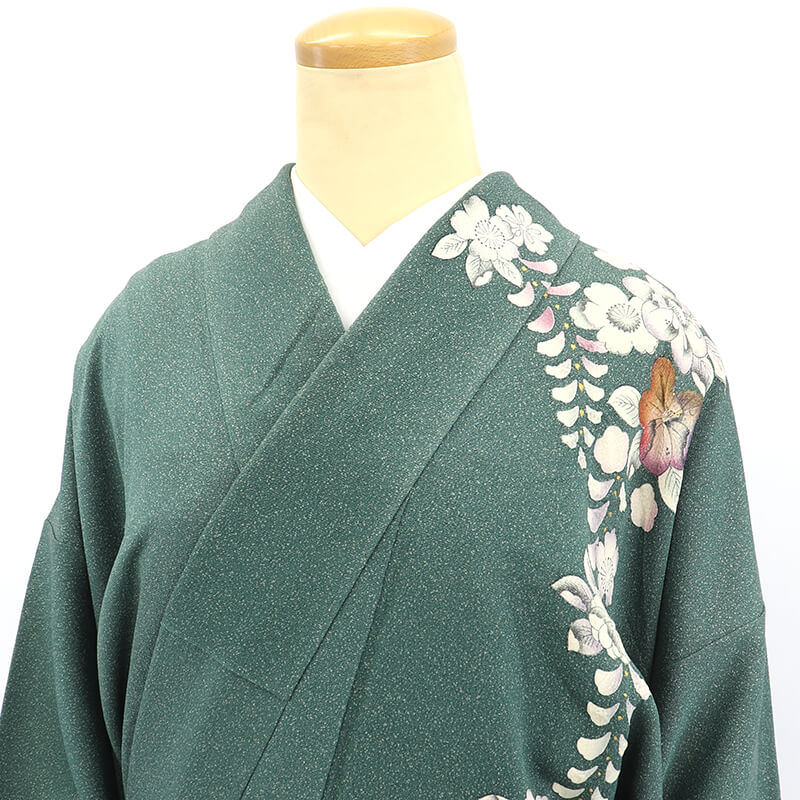 中古】 訪問着 袷 レディース 正絹 緑 辻が花 たたき染め風 身丈162.5