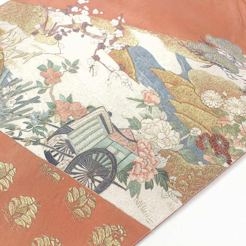 中古】 袋帯 蘇州刺繍 リサイクル レディース 正絹 桃 御所車 刺繍 長