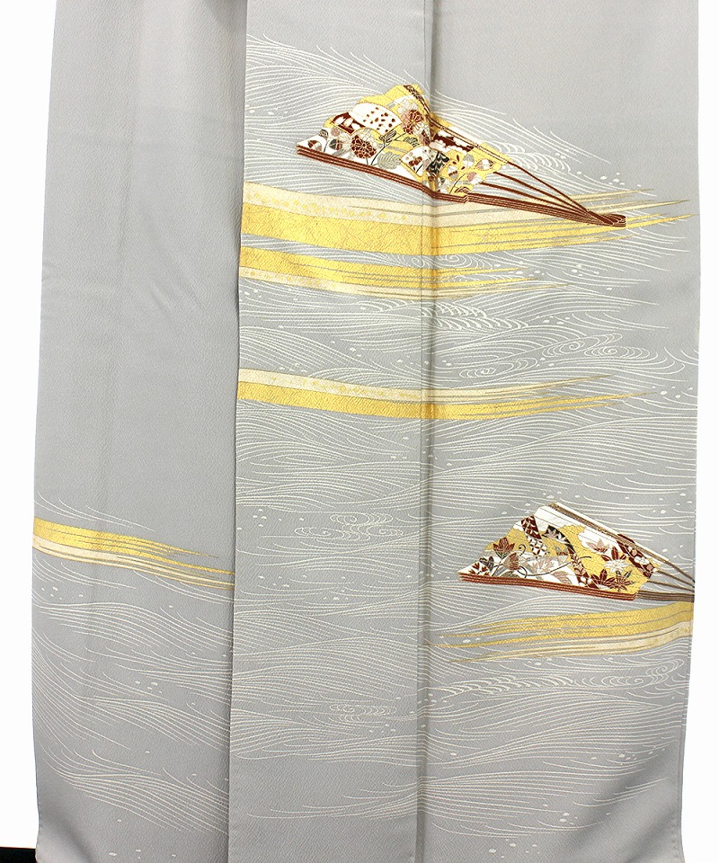 中古】 色留袖 訪問着仕立て レディース 正絹 灰 金 流水 扇 身丈158cm