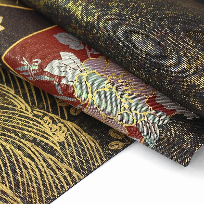 中古】 袋帯 リサイクル レディース 正絹 ブラック 金 箔地 色紙 萩 菊
