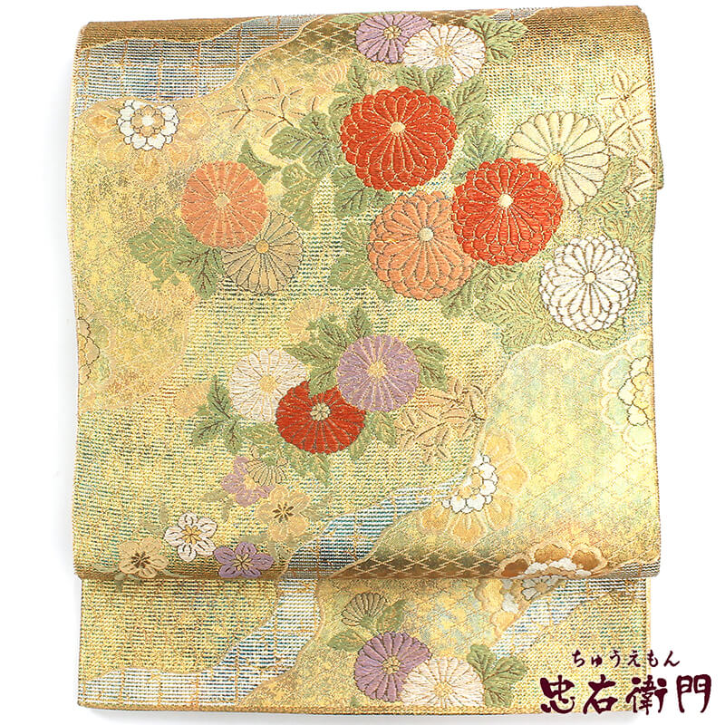 中古】 袋帯 礼装用 リサイクル レディース 正絹 ゴールド 菊 道長取り