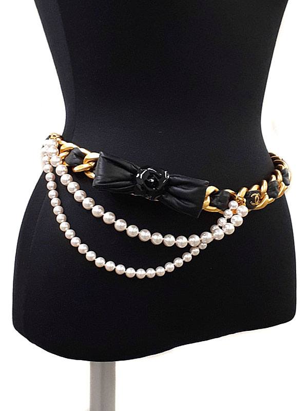 CHANEL】シャネル『カメリア レザー フェイクパール チェーンベルト