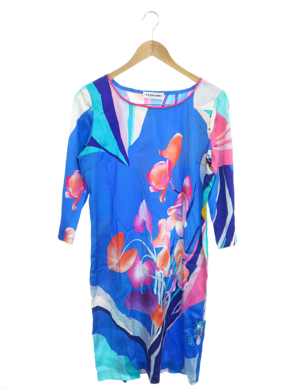 Leonard】【花】【イタリア製】レオナール『七分袖ワンピース size42