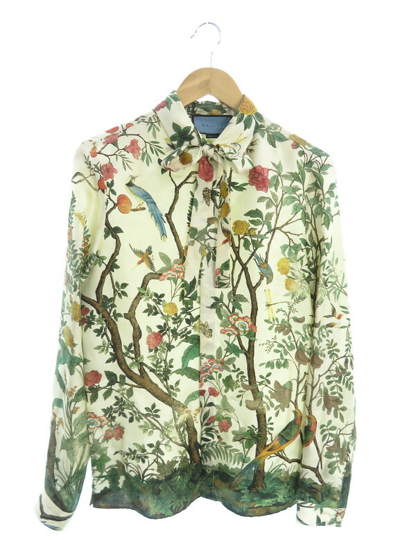 GUCCI】グッチ『ボウタイ付 シルク 花鳥柄 長袖ブラウス size38/15