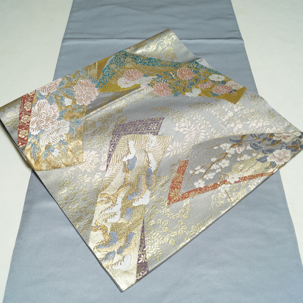 楽天市場】袋帯 じゅらく帝王紫 短冊に春秋百花・吉祥模様 帝王紫 金糸