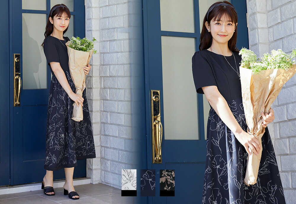 楽天市場】【新色追加】モノトーンフラワープリントワンピース