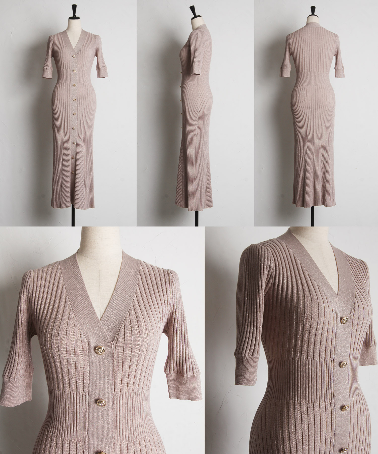 フロント飾り釦付きラメ入りリブニットタイトワンピース