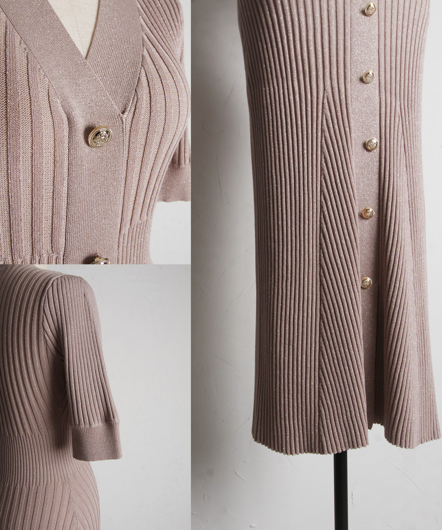 フロント飾り釦付きラメ入りリブニットタイトワンピース