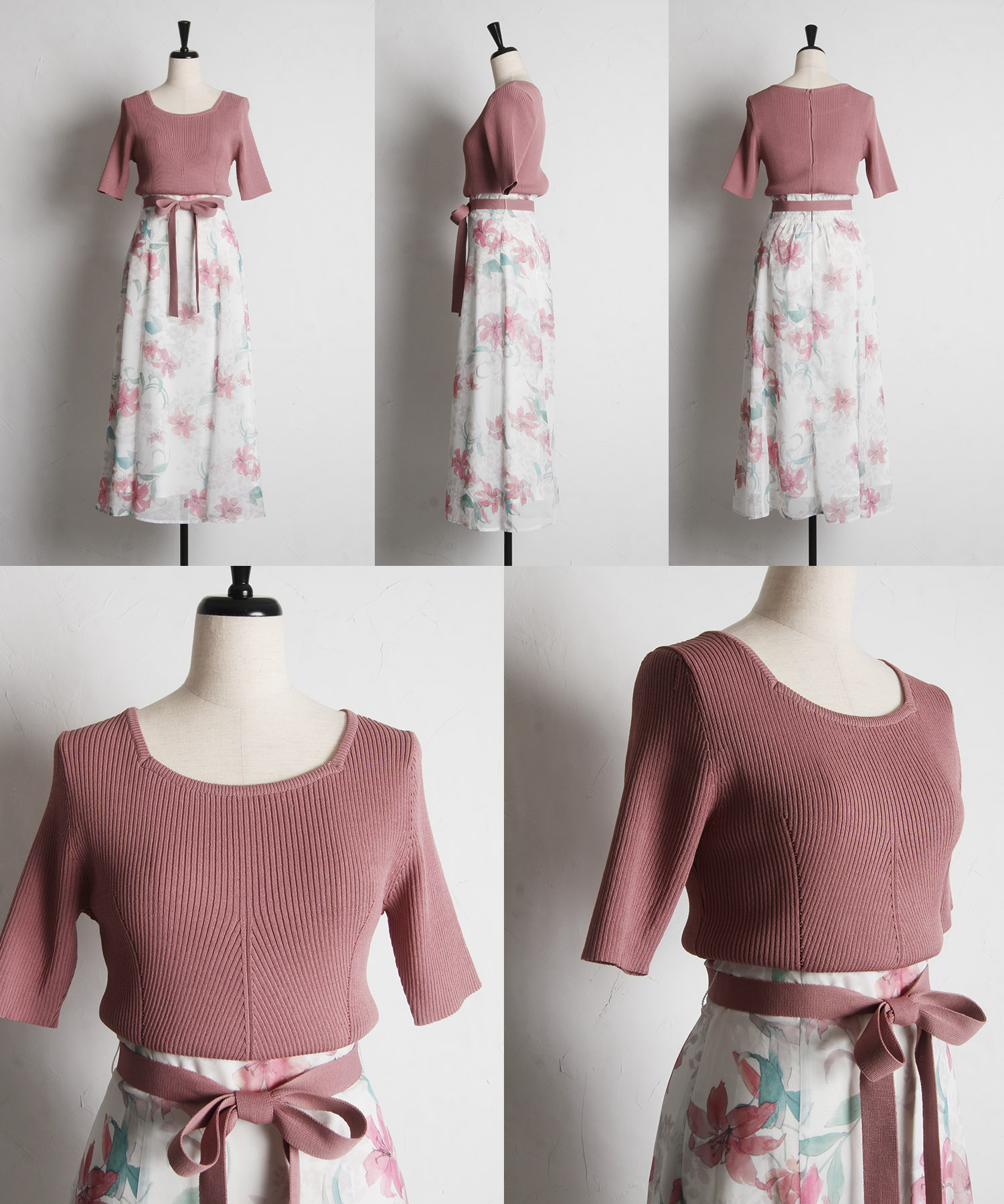 ウエストりぼん付きリブニット×フラワープリントドッキングワンピース