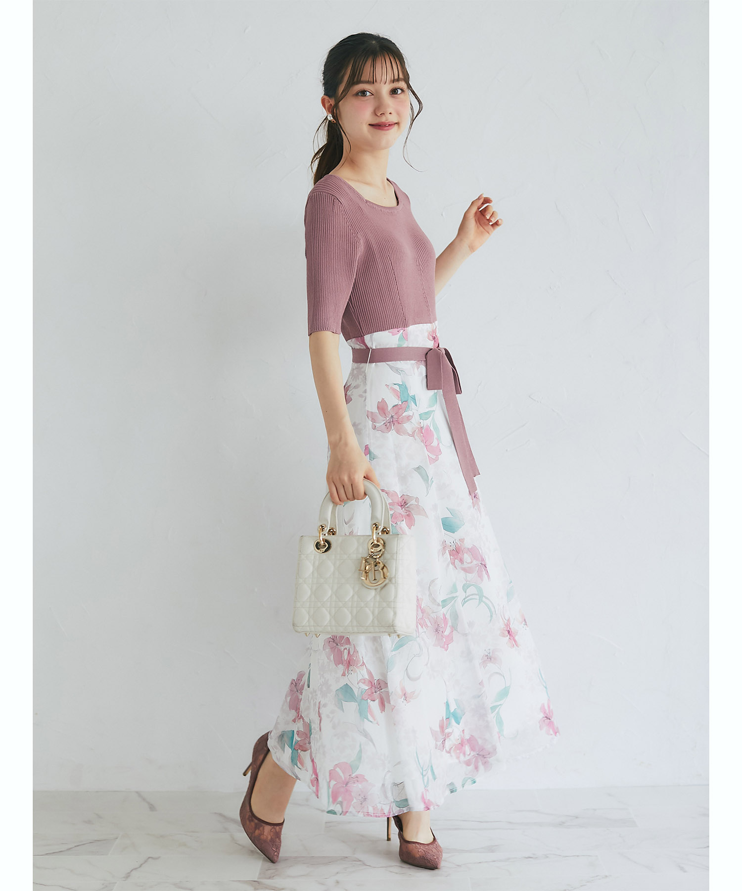 ウエストりぼん付きリブニット×フラワープリントドッキングワンピース