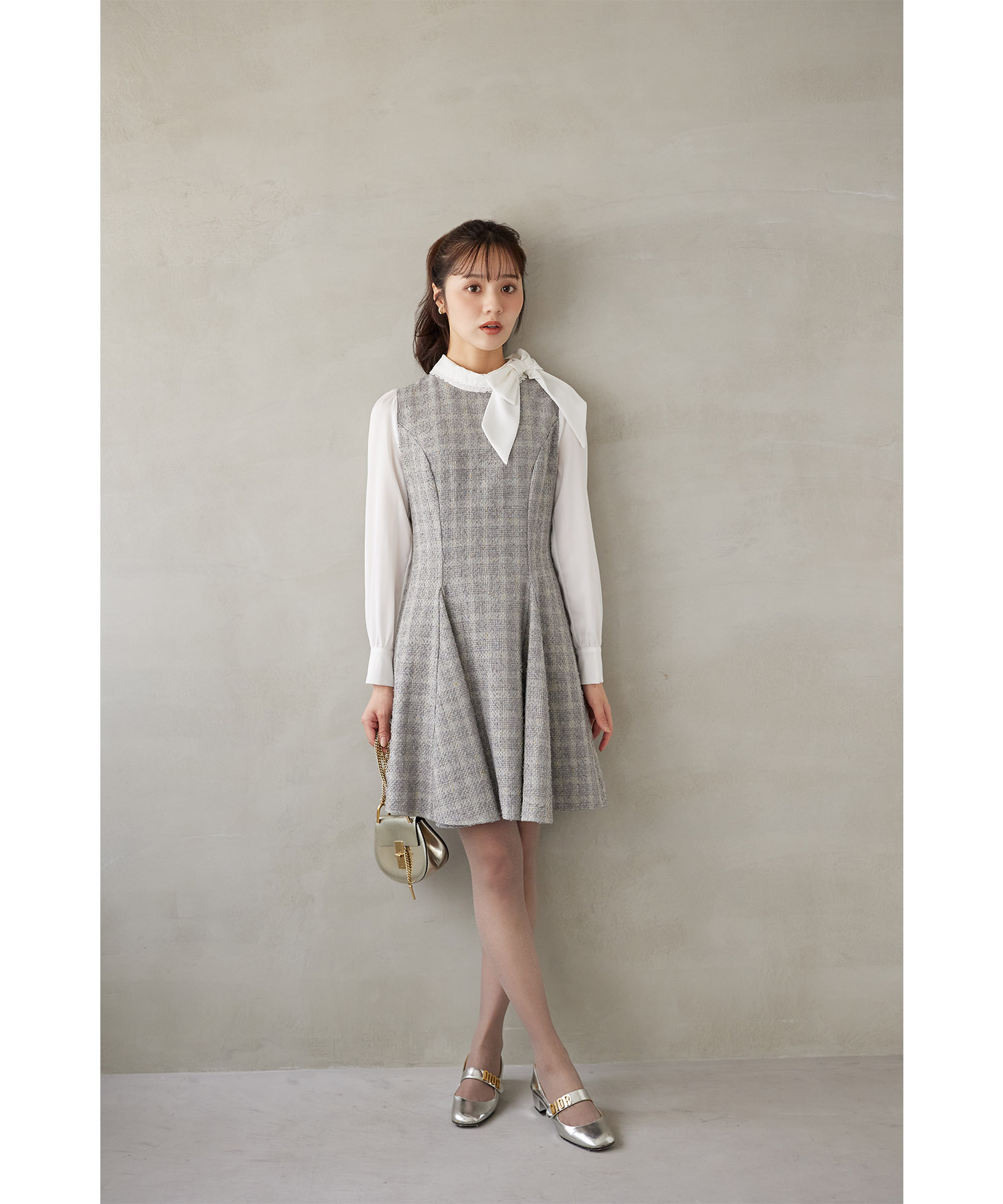 サイドリボン付きツイードドッキングミニワンピース