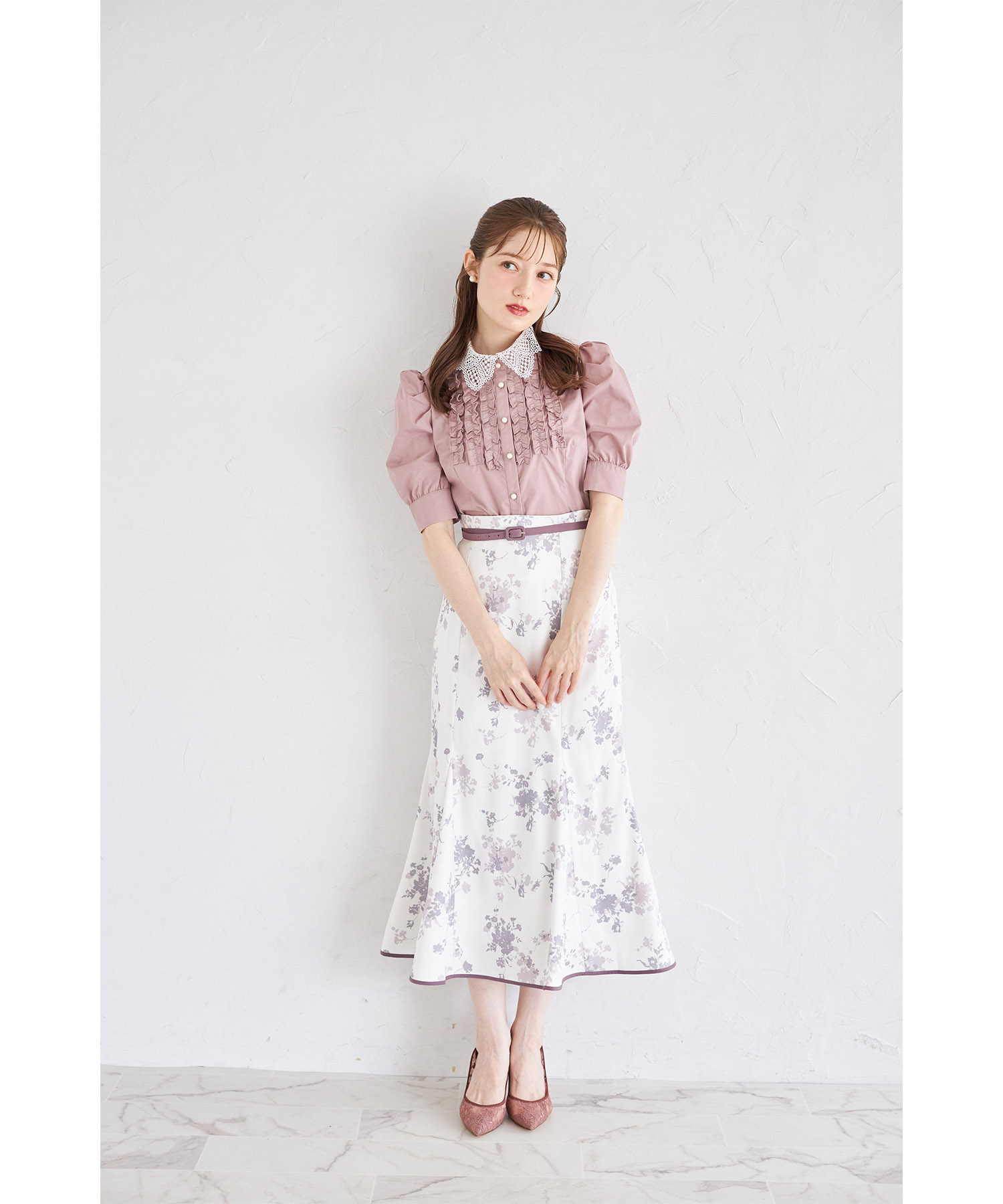 ベルト付きシャドーフラワーマーメイドスカート