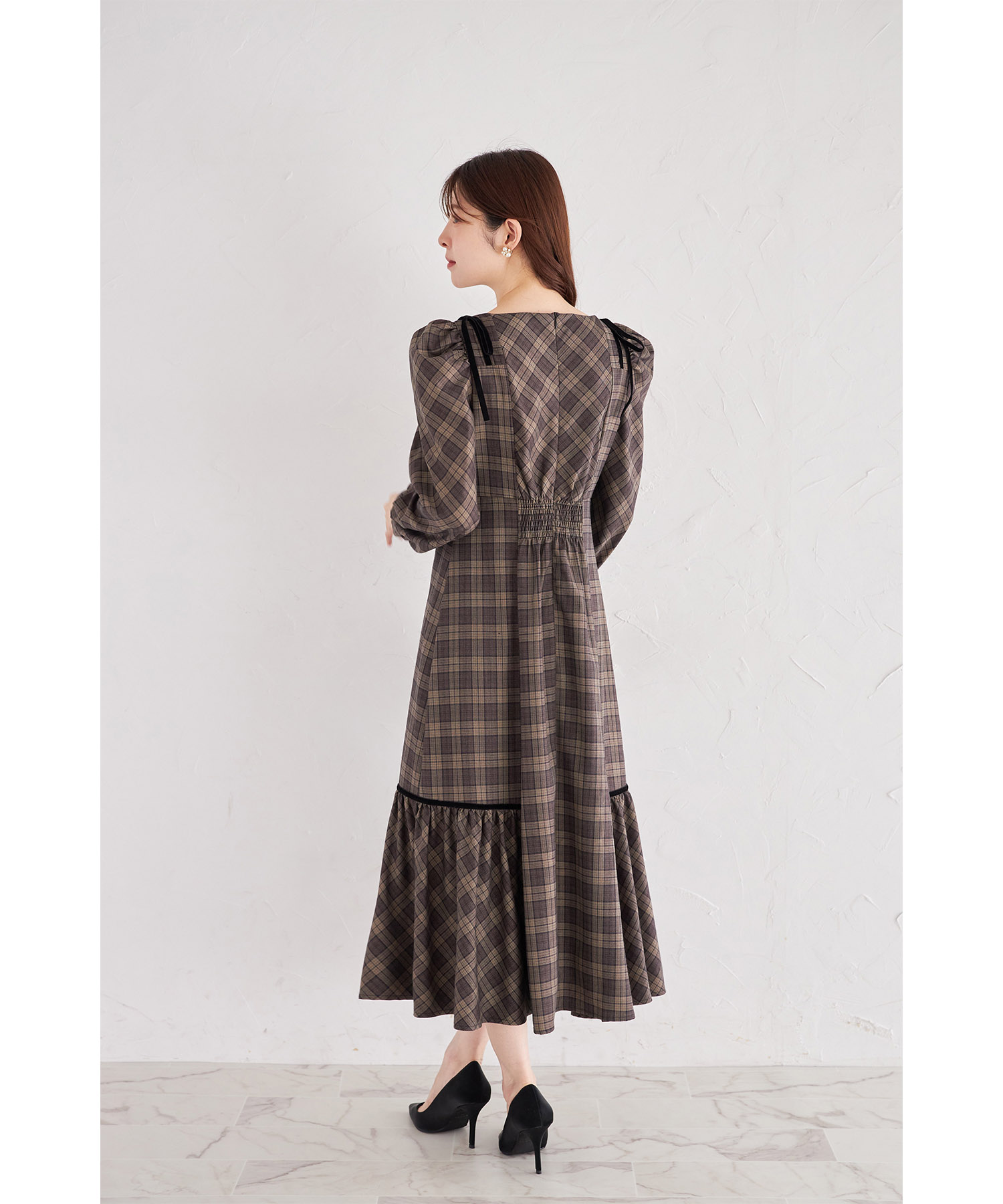 肩ベロアリボン付きチェックワンピース