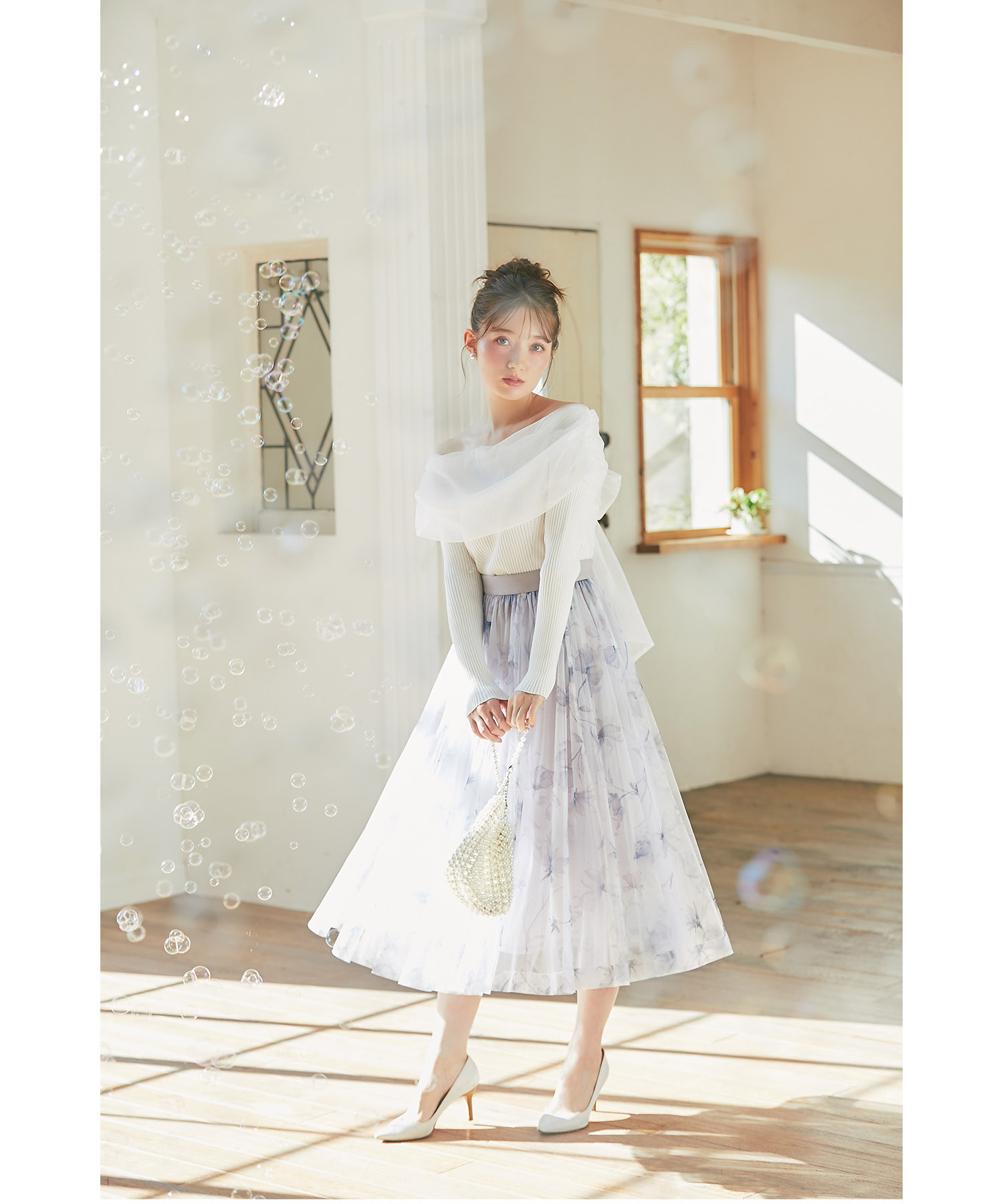 フラワープリントチュールフレアスカート