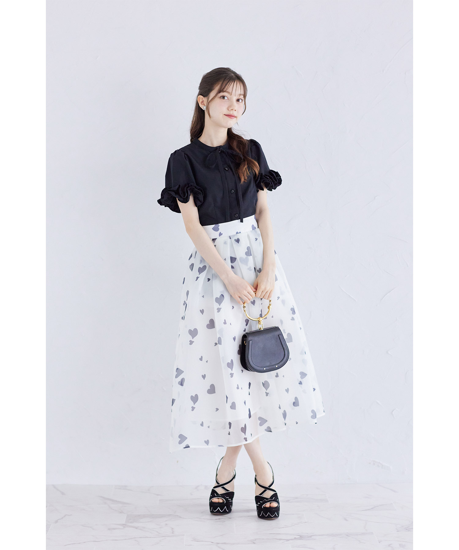 コットンライクホイップフリルボウタイリボンブラウス