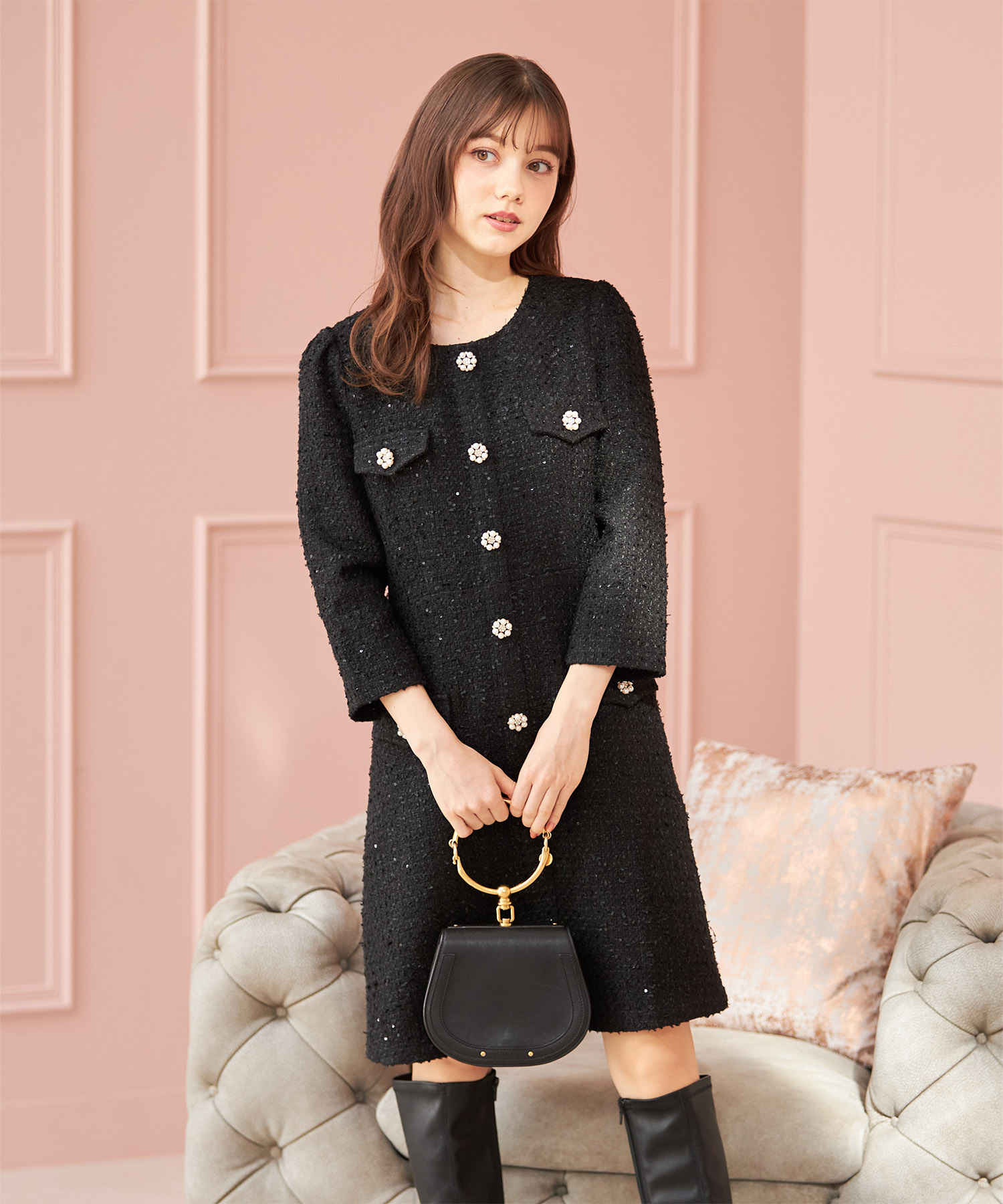 フェイクポケット付きパールビジュー飾り釦スパンコールツイードミニ