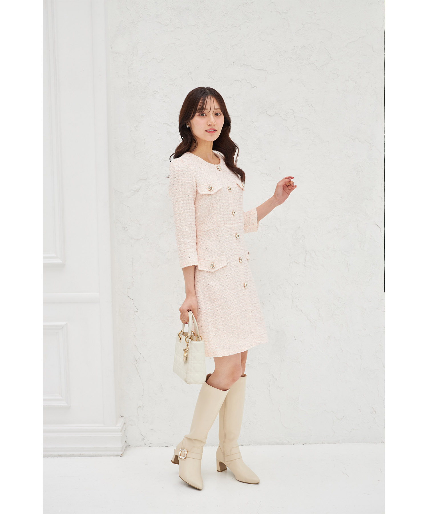 フェイクポケット付きパールビジュー飾り釦スパンコールツイードミニ