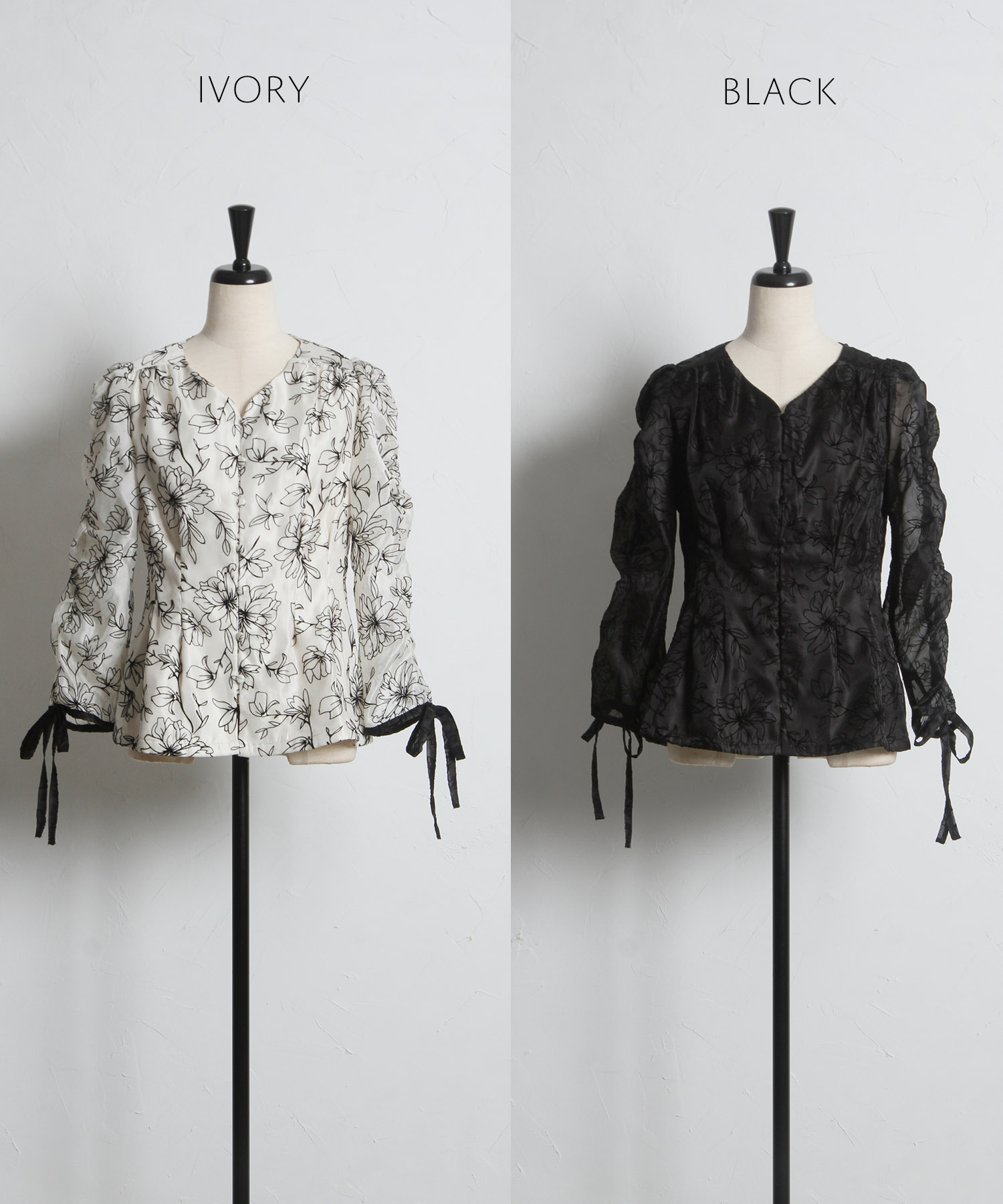 リボン付きフロッキーフラワープリントシアーブラウス