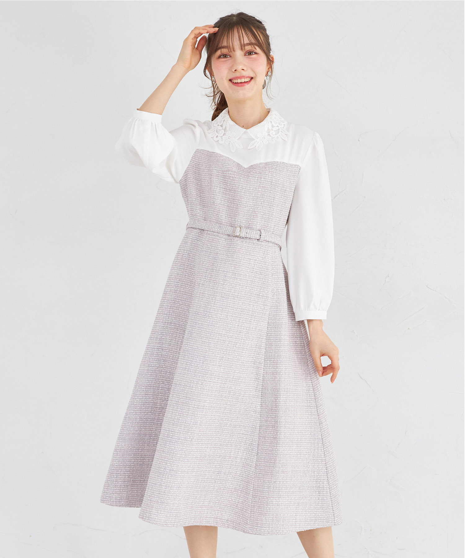 フラワーレース襟付きツイードドッキングワンピース