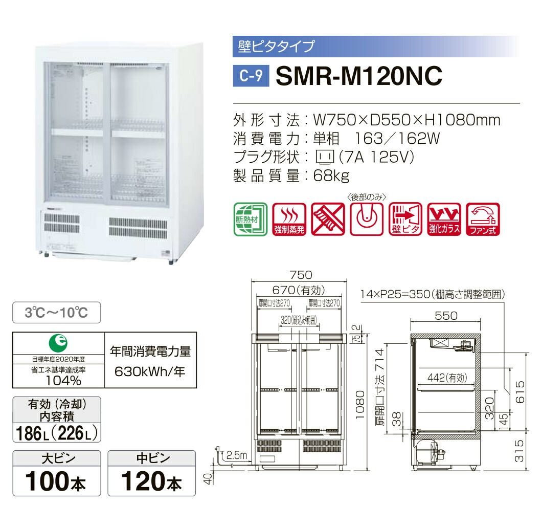 楽天市場】パナソニック 冷蔵ショーケース SMR-M120NC 壁ピタタイプ