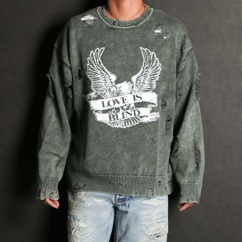 KAMIYA - Bleached Print Knit Sweater - KHAKI / ブリーチ ニット