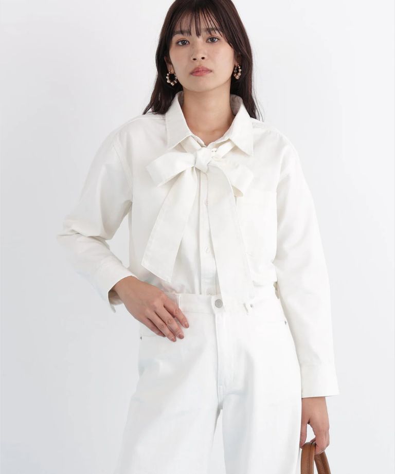 PINKY&DIANNE - ネックリボンデニムシャツ(ホワイト)コットン100