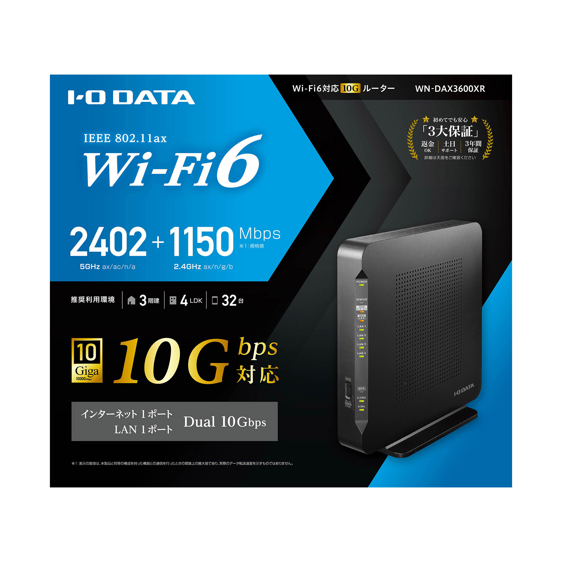 Wi-Fi 6ルーター 2402+1150Mbps[PS5動作確認済み] WN-DAX3600XR ［Wi