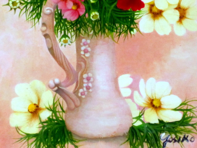 コスモスの絵画・志村好子「花心」油彩・F4