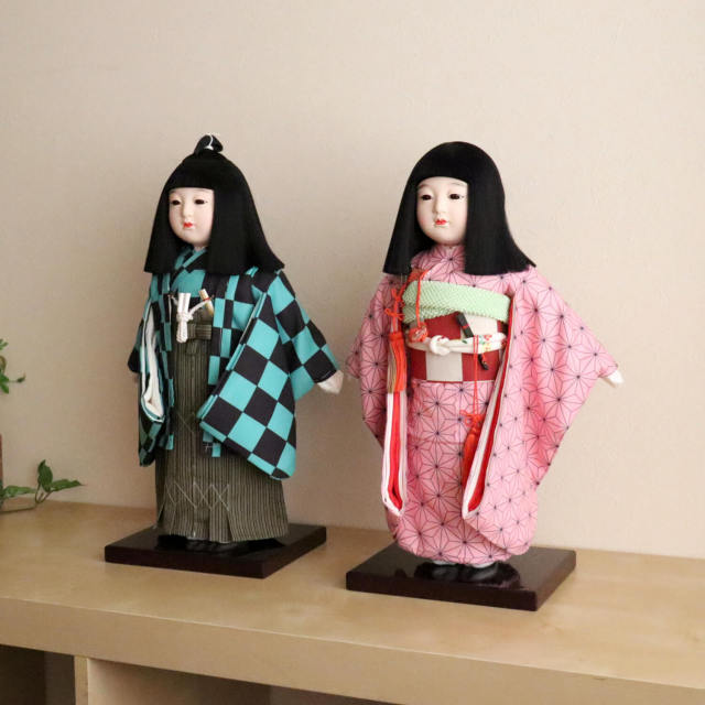 元賀章介作 12号(尺二) 二人セット 正絹西陣織 麻の葉紋様 ピンク 緑