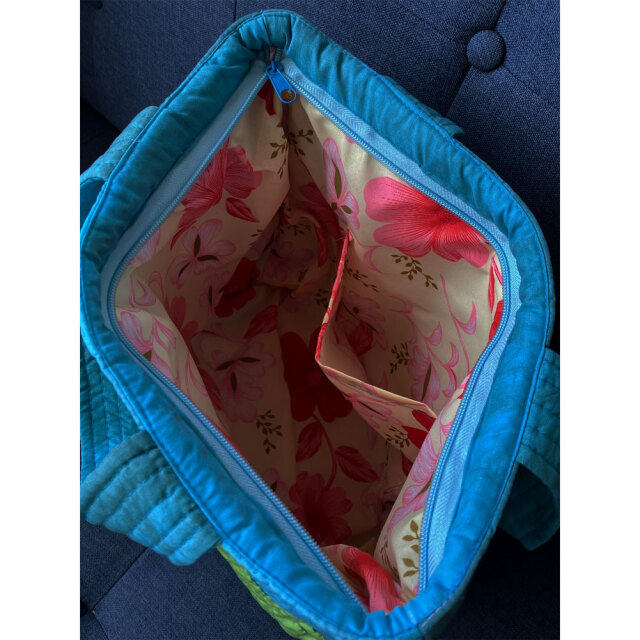 ハワイアンキルト ハンドバッグ むら染め ブルー ハイビスカス