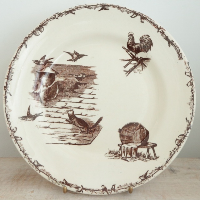 アンティーク プレート 猫と小鳥 皿 フランス ショワジールロワ製