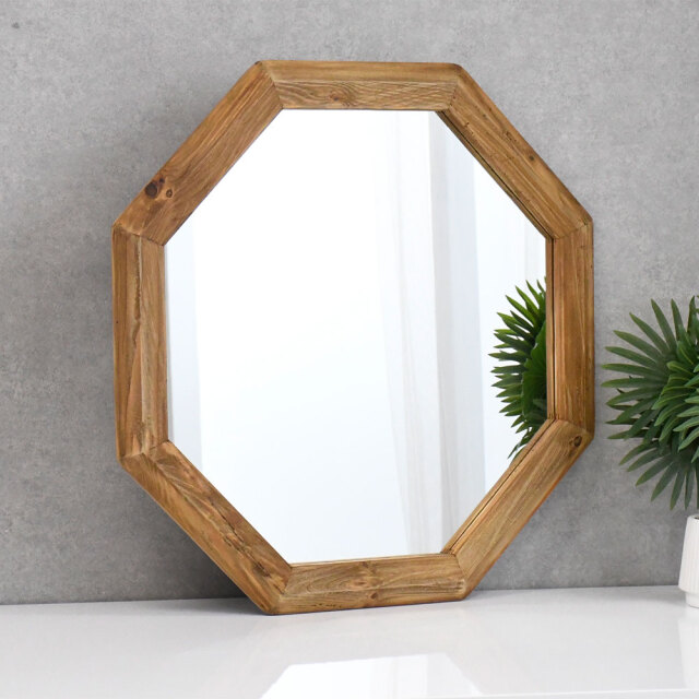 リサイクルウッドパイン古木無垢材73cm幅オクタゴン壁掛けミラー mobler