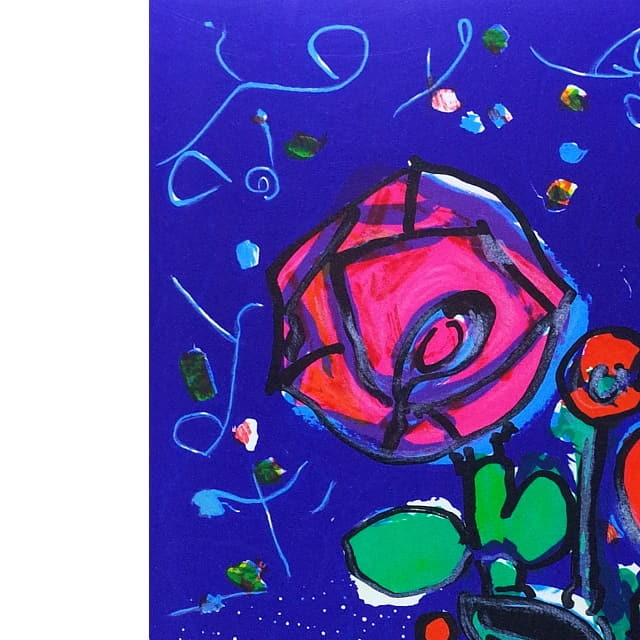 真作・版画】ポール・アイズピリ「青いバックの花」 真作・版画