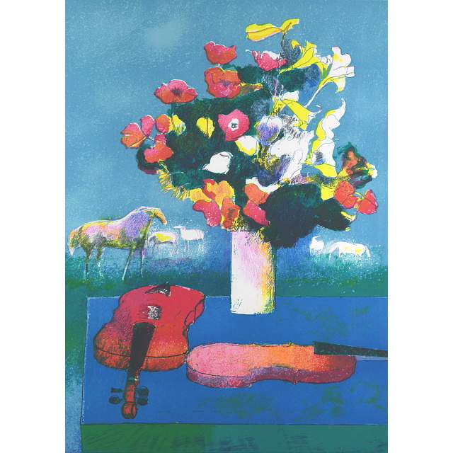 ポール・ギヤマン「青いテーブルのバイオリンと花束」リトグラフ