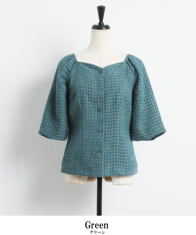 カラーツイードボリュームスリーブブラウス