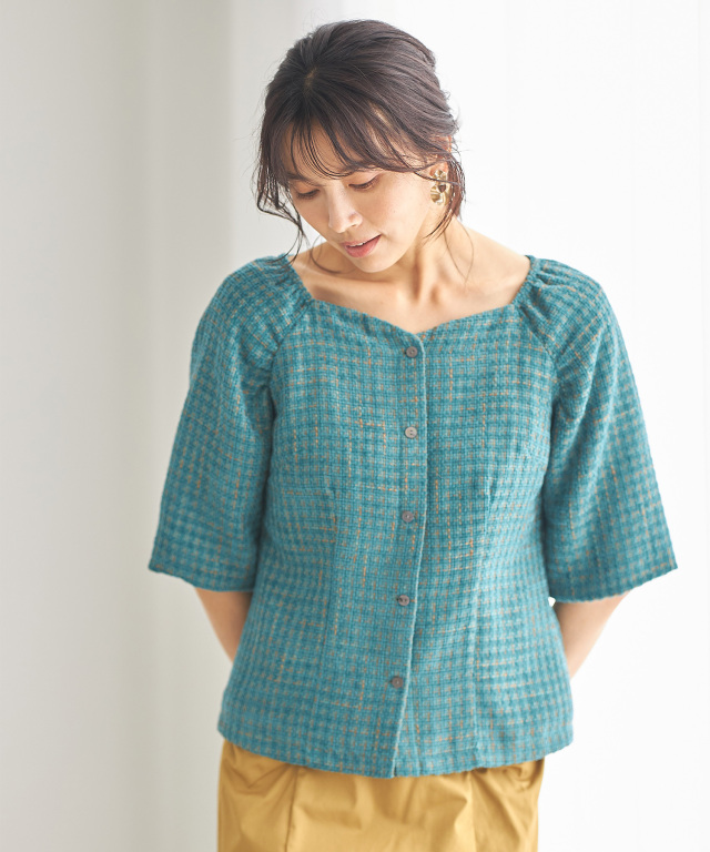 カラーツイードボリュームスリーブブラウス