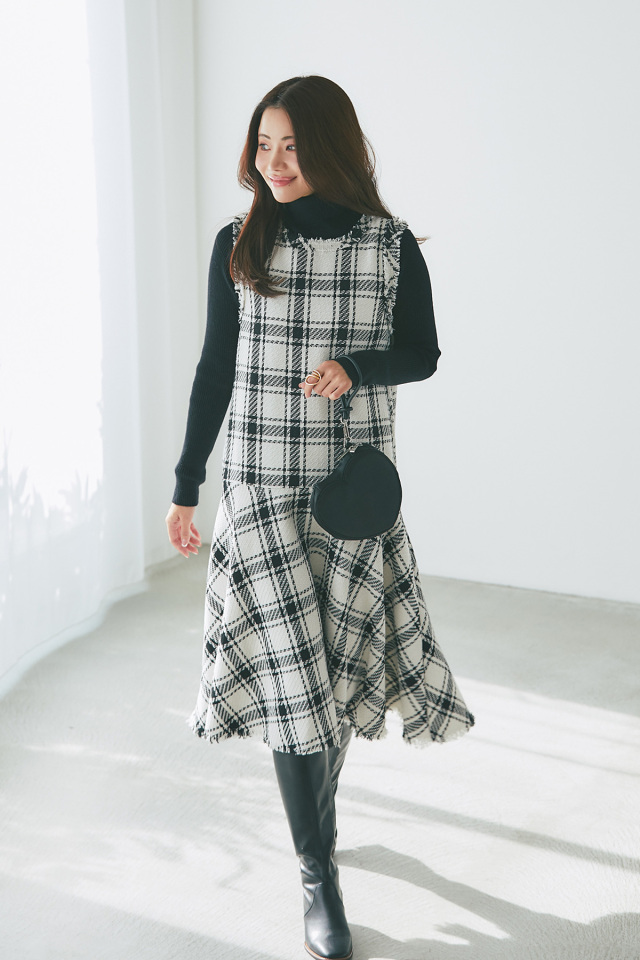 丸山真菜さん着用】チェックツイードフレアワンピース