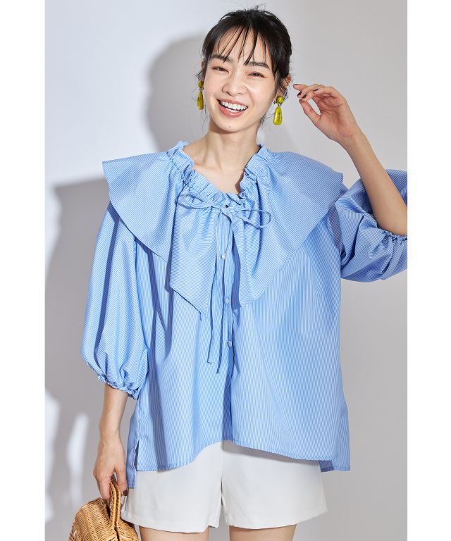 先染めストライプフリルブラウス※一部店舗のみ入荷