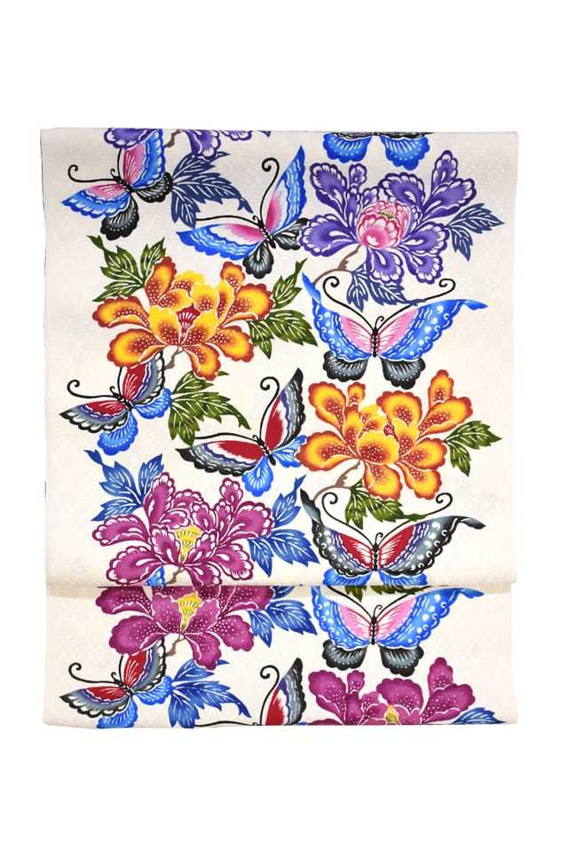 染名古屋帯』琉球紅型帯 白地紫 牡丹と蝶