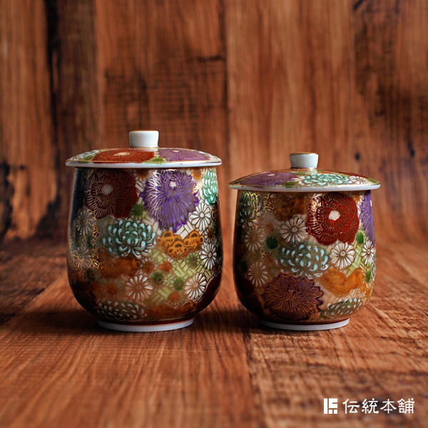 送料無料】 蓋付夫婦湯呑 花詰 ペア 木箱入り / 夫婦湯のみ 夫婦湯飲み