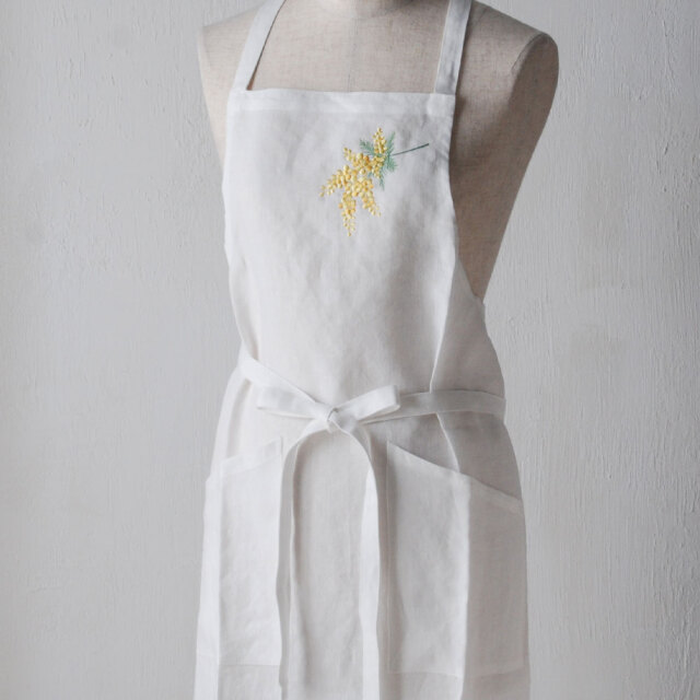 francjour フランジュール ｜ ミモザ刺繍エプロン斜め付け/ブラン